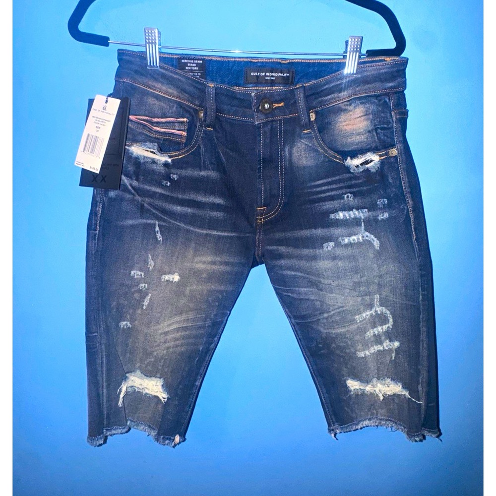 Cult of Individuality Mens Rocker Distressed Denim Shorts Blue Slim Size 30